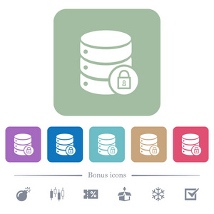 数据库锁定颜色圆形方形背景上的白色平面图标。 包括6个奖金图标