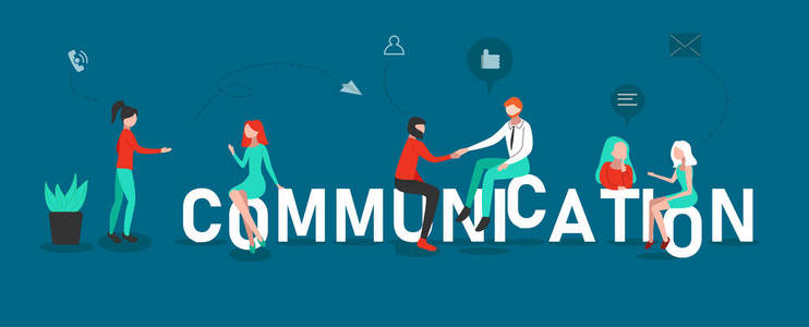 与交谈的人沟通海报.扁平风格的设计照片