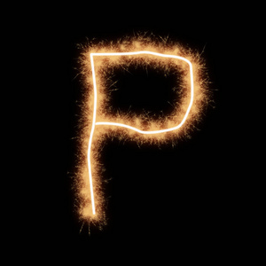 闪闪发光的大字母字母p的字母表,由squib火花写在黑色背景上.照片