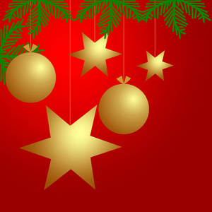 圣诞背景与金球星和树枝圣诞树的红色背景。