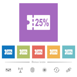 25折扣优惠券平面白色图标在方形背景。 包括6个奖金图标。