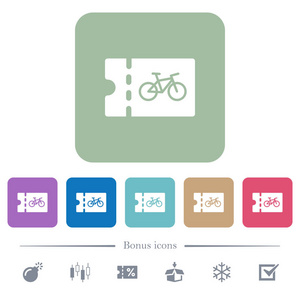 自行车商店折扣优惠券白色平面图标的颜色圆形广场背景。 包括6个奖金图标