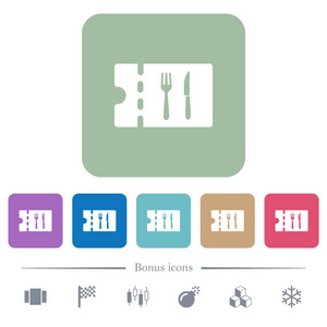 晚餐折扣券白色平面图标，颜色为圆形正方形背景。包括6个奖励图标