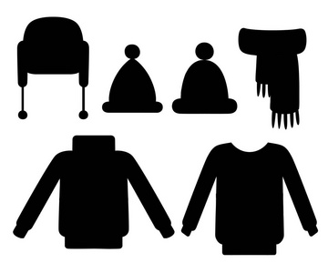 黑色的轮廓。 冬季针织服装系列。 毛衣帽围巾。 具有图案冬季风格的手工服装。 在白色背景上隔离的平面矢量插图。