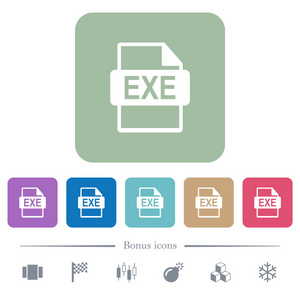 EXE文件格式白色平面图标的颜色圆形方形背景。 包括6个奖金图标