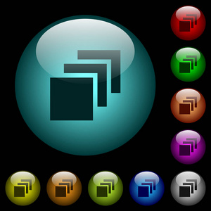 多个画布图标在彩色照明球形玻璃按钮在黑色背景。 可用于黑色或深色模板