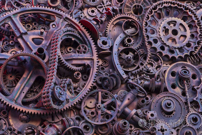 机械零件齿轮,蒸汽朋克齿轮,车轮,汽车零件堆,旧生锈的铁链,弹簧,车轮