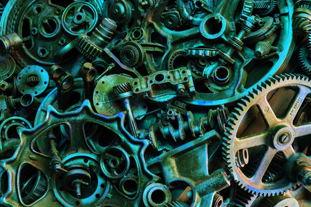 机械零件齿轮蒸汽朋克齿轮车轮汽车零件堆旧生锈的铁链弹簧车轮关闭