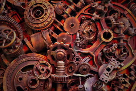 机械零件齿轮,蒸汽朋克齿轮,车轮,汽车零件堆,旧生锈的铁链,弹簧,车轮