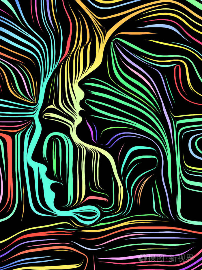 以传统木刻风格渲染的人脸设计,比喻人的灵魂,内部戏剧,艺术,诗歌和