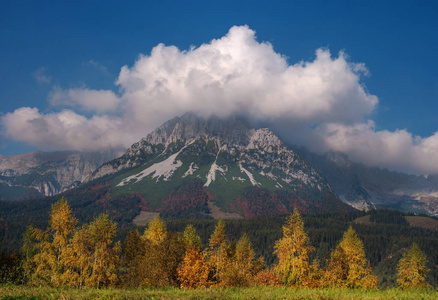 晴天的高山景观。 五彩缤纷的秋天景象。 前景中有黄色叶子的树。 惊人的自然背景与山峰和云层之上。 奥地利南部蒂罗尔。
