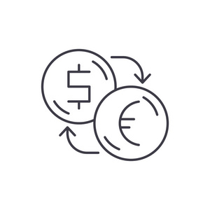 兑换美元为欧元线图标的概念。兑换美元为欧元矢量线性插图, 符号, 符号