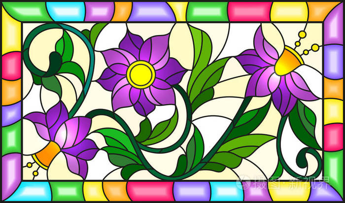 彩色玻璃画，花枝，黄色背景上的紫色花朵，明亮的框架，长方形图像