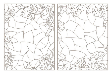 彩色玻璃窗花背景的轮廓插图，白色背景上的深色轮廓