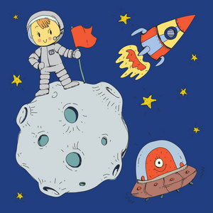 儿童卡通空间。月亮, 恒星, 行星, 小行星, 星体, 火箭, 宇宙飞船, 外星人, 不明飞行物。冒险旅行探索宇宙