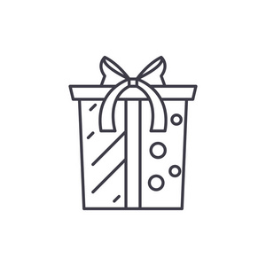 礼品盒与弓线图标的概念。礼品盒与弓向量线性例证, 标志, 标志
