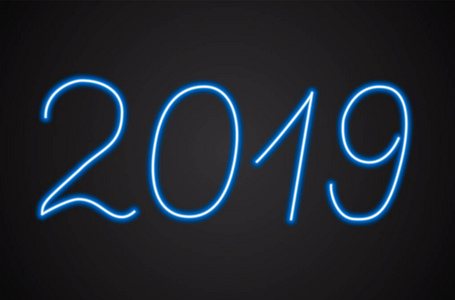 数字2019现实蓝色霓虹灯标志在黑色背景。 新年和假日矢量插图。 易于编辑横幅海报标志贺卡等模板。