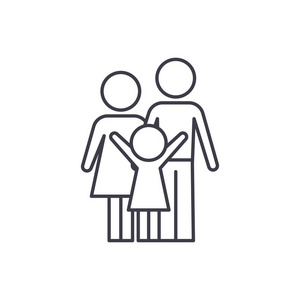 快乐的家庭线图标概念。愉快的家庭向量线性例证, 标志, 标志