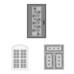 门 和 前 图标的矢量插图。网站的门和木制股票符号的收集