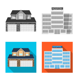 建筑物和前标志的矢量设计。网站建筑和屋顶股票符号的收集