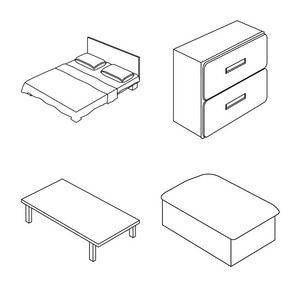 卧室和房间符号的孤立对象。卧室和家具库存的收集矢量插图