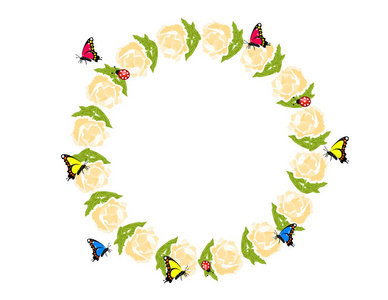 美丽的圆形花环，牡丹花和蝴蝶孤立在白色的背景上