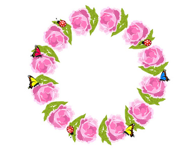 美丽的花环，粉红色的牡丹花和白色背景上孤立的蝴蝶