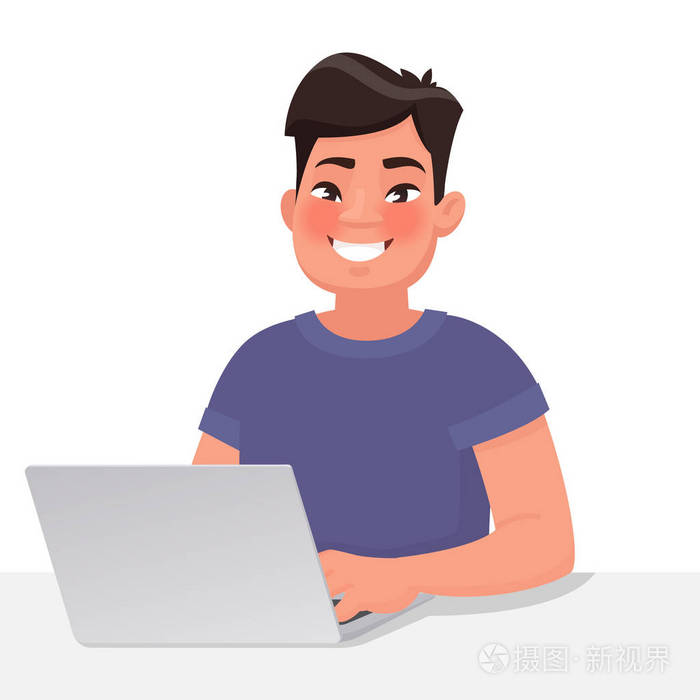 快乐的亚洲男人背后的笔记本电脑显示器在电脑上工作卡通风格的矢量