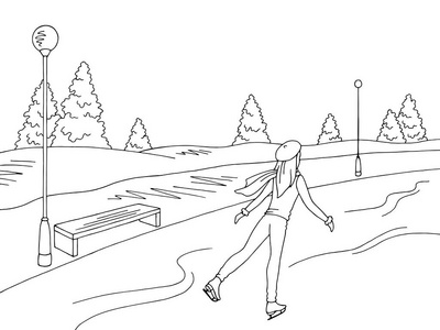 小女孩在溜冰场滑冰平面黑白冬季风景素描插图矢量照片
