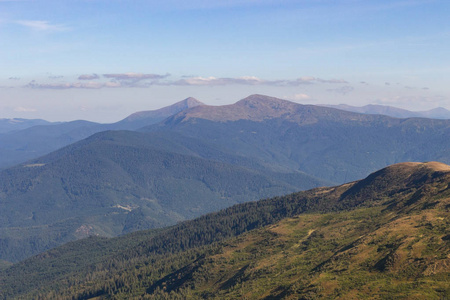 精彩的喀尔巴阡山脉乌克兰全景。 悬停者。 常绿山丘景观，天空晴朗。 风景优美的山景。 夏天的自然。 旅行和徒步旅行的概念。