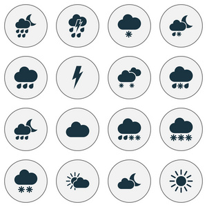 天气图标设置与雨, 新月, 阳光和其他潮湿的元素。独立的插图天气图标