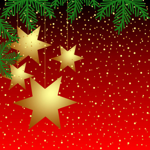 红色背景，五彩金星星和树枝圣诞树。 圣诞快乐，新年快乐。