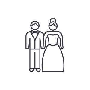 新婚夫妇线图标的概念。新婚夫妇向量线性例证, 标志, 标志