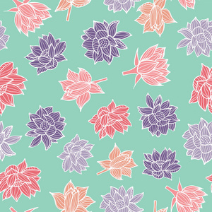 粉红色和紫色睡莲或莲花上的水蓝色无缝图案背景纹理在现代五颜六色的风格。 矢量。 理想的家居装饰面料纸品包装。