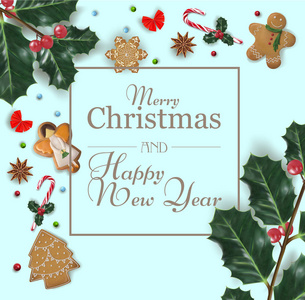 圣诞或新年卡与节日元素。 姜饼星八角弓珠冬青标签糖果。 蓝色背景上的矢量插图。