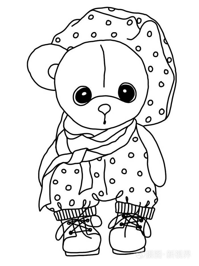 泰迪熊. 一个玩具. 用手画的. 黑色轮廓. 悲伤的毛绒软熊. 墨水