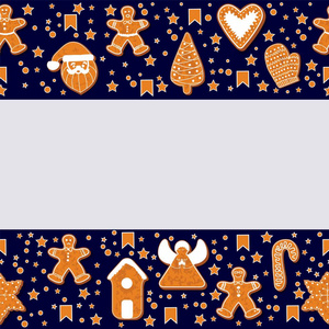 圣诞姜饼饼干做一个长方形的框架。向量例证。寒假快乐海报。新的一年。圣诞节日横幅