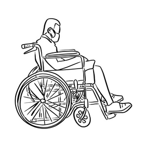 轮椅上的男子矢量插图素描涂鸦手画黑线隔离在白色背景上