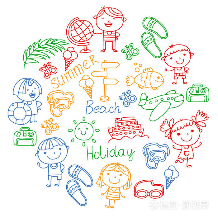 带有子图标的矢量模式.暑假在海边, 海, 海, 海滩.有乐趣的小孩子