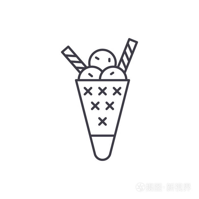 美味的冰淇淋线图标的概念。美味的冰淇淋矢量线性插图, 符号, 符号