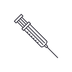 注射器线图标概念。注射器向量线性例证, 标志, 标志