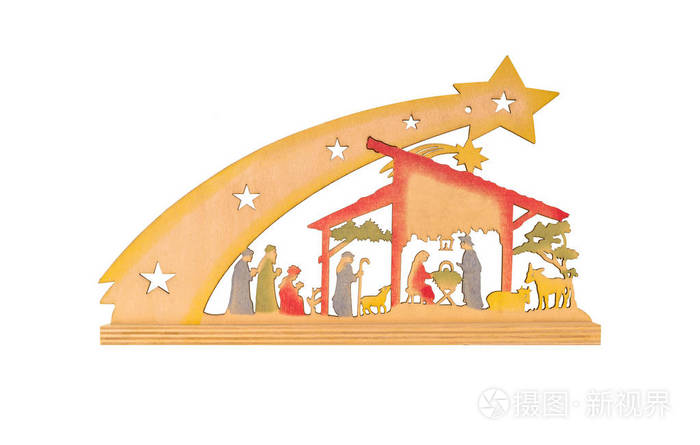 圣诞节耶稣诞生的场景是平的，由木头制成，白色背景上有一条剪裁路径和复制空间