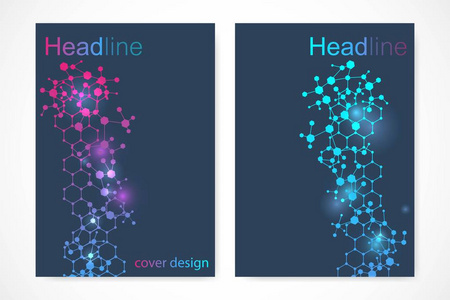 科学的宣传册设计模板。矢量海报布局 分子结构与连接的线和点。科学模式原子 Dna 与杂志 传单 封面 海报设计元素