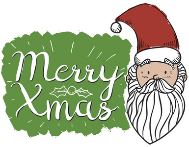 欢乐圣诞老人冬青叶子和浆果的涂鸦风格，有一个纪念问候标志，以庆祝圣诞节或圣诞节。