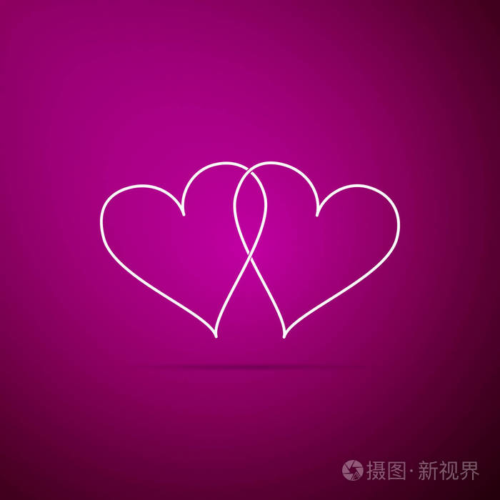 两个链接的心图标隔离在紫色的背景心二爱的迹象浪漫的象征联系加入