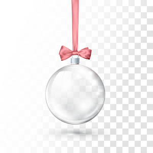 玻璃透明圣诞球挂在粉红色丝带上，带蝴蝶结。透明背景下的圣诞玻璃球。假日装修模板..矢量图