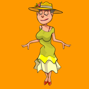 激动卡通一位穿着连衣裙,戴着帽子的卡通妇女,情绪激动地闭上眼睛照片