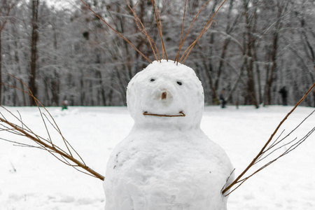 雪的雕塑..奇怪而可怕的雪人。冬天在户外玩。一家人在森林里过冬。雪人的微笑和鼻子。寒假。寒冷的天气。公园里的雪人。