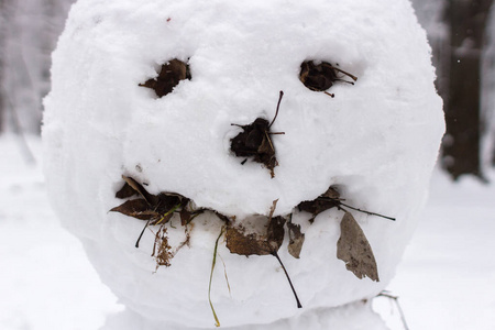 雪的雕塑..奇怪而可怕的雪人。冬天在户外玩。一家人在森林里过冬。雪人的微笑和鼻子。寒假。寒冷的天气。公园里的雪人。