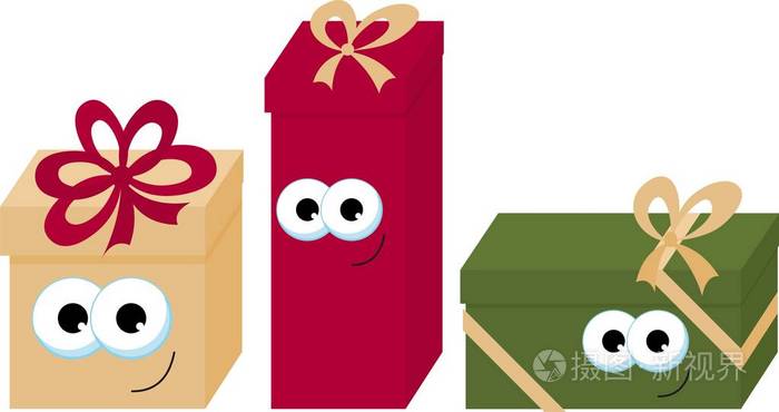 五颜六色的包装微笑的礼物盒与眼睛。美丽的礼物盒与弓。礼品盒图标。礼品符号。圣诞礼品盒